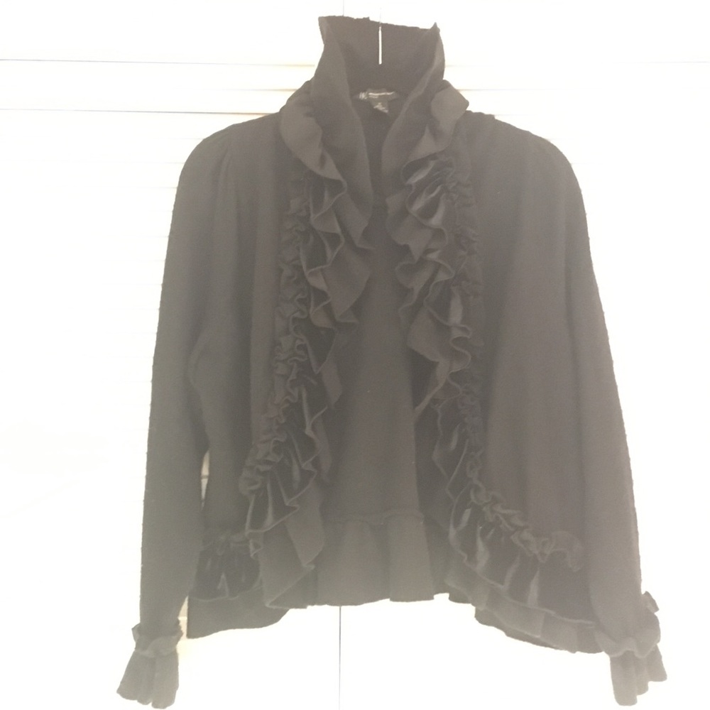 Black wool INC ruffle jacket w/velvet-like accents
